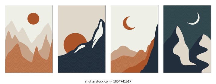 Collection of rectangular abstract landscapes. Sun, mountains, waves. Japanese style. Modern layouts, fashionable colors. Layouts for social networks, banners, posters. vector illustration