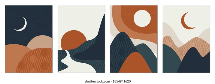 Collection of rectangular abstract landscapes. Sun, mountains, waves. Japanese style. Modern layouts, fashionable colors. Layouts for social networks, banners, posters. vector illustration