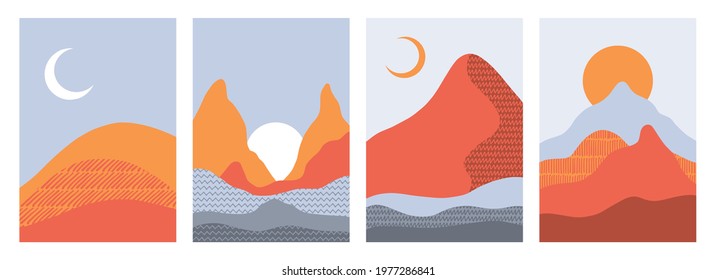 Collection of rectangular abstract landscapes. Sun, mountains, waves. Japanese style. Modern layouts, fashionable terra colors. Layouts for social networks, banners, posters. vector illustration