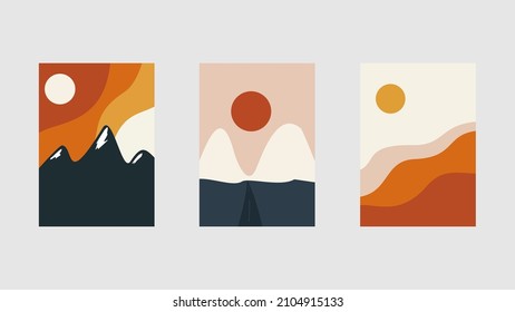 	
Collection of rectangular abstract landscapes. Sun, mountains, waves. Modern layouts, fashionable colors. Layouts for social networks, banners, posters. vector 