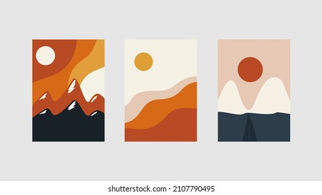 	
Collection of rectangular abstract landscapes. Sun, mountains, waves. Modern layouts, fashionable colors. Layouts for social networks, banners, posters. vector 