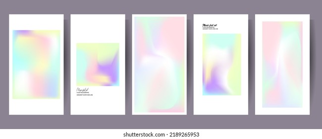Collection of rectangular abstract layout artworks gradients in minimalism style, poster with pastel blue yellow pink. Stock vector bleed, modern neon art