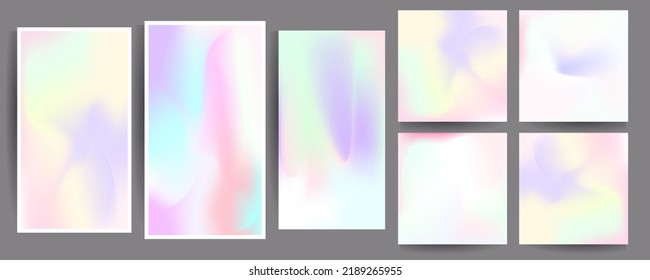 Collection of rectangular abstract layout artworks gradients in minimalism style, poster with pastel blue yellow pink. Stock vector bleed, modern neon art