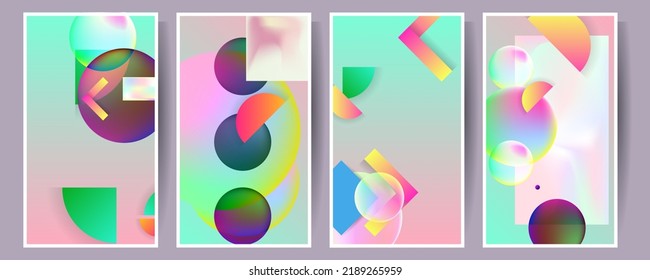 Collection of rectangular abstract layout artworks gradients in minimalism style, poster with pastel blue yellow pink. Stock vector bleed, modern neon art