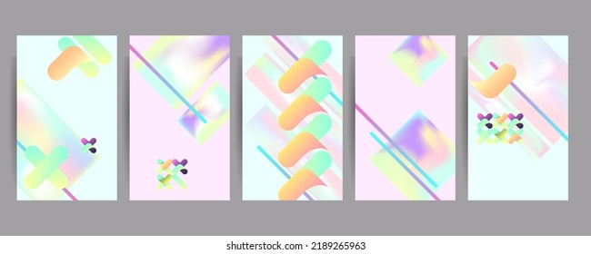 Collection of rectangular abstract layout artworks gradients in minimalism style, poster with pastel blue yellow pink. Stock vector bleed, modern neon art