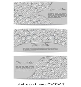 A collection of rectangular banners with transparent drops of water on a checkered background. Editable vector elements for web design.