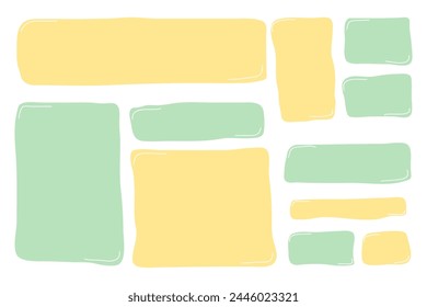 A collection of rectangular designs drawn with a brush. Set of colored pastel frames for text. Blank vector text box.