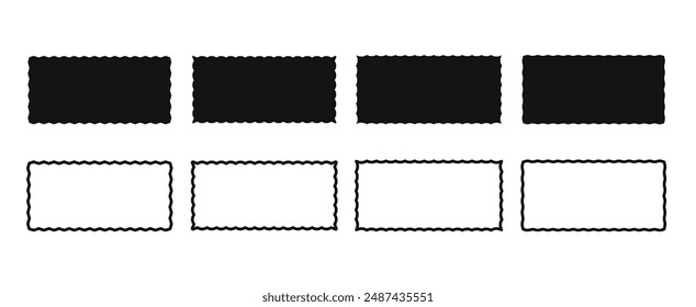 A collection of rectangular frames with wavy edges. Square linear shapes with zigzag borders. Set of black elements for design, decoration, banner, poster, label, tag, flyer. Vector illustration.