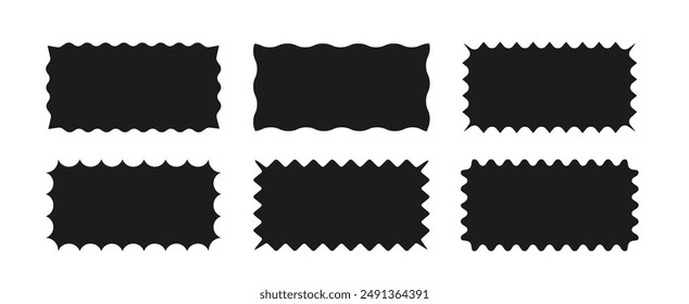 A collection of rectangular frames with wavy edges. Square shapes with zigzag borders. Set of black elements for design, decoration, banner, poster, label, tag, flyer. Vector illustration.