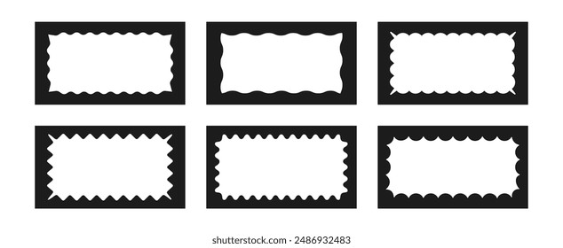 A collection of rectangular frames with wavy inner edges. Trendy zigzag curved geometric frames for decorative design, stamps, stickers, price tags. Vector illustration