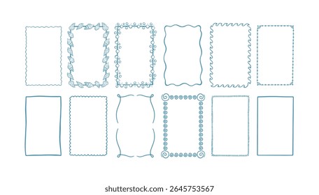 Collection rectangular hand drawn frames. Minimal whimsical borders for cards, invitations, prints, planners or social media. Unique line art doodles in simple decorative style