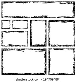 Collection of rectangular ink grunge frames, borders set. Squared hand drawn box for text with torn, damaged edges. Vector