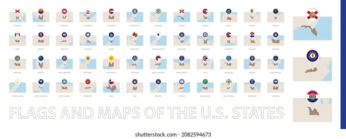 Collection of rectangular map with pin icon, flags and maps of the US States. Vector set.