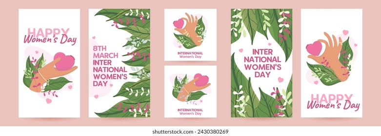 Collection of rectangular and square greeting cards for March 8, International Women's Day. Colorful, bright flat design. Leaves, hearts, flowers. Hand drawn vector