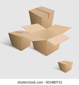 Collection recycle brown box packaging in perspective.  For use as logos on cards, in printing, posters, invitations, web design and other purposes.