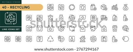 A collection of Recycle icons set with editable stroke, including Garbage, environmental, green energy, water, earth care, plastic, organic waste, recycle plant. Thin linear vector illustration.