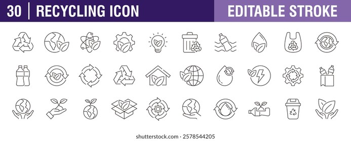 Collection of recycling icons. Trash, used goods, plastic, drink bottles. Vector design template, signs, symbols, editable stroke.