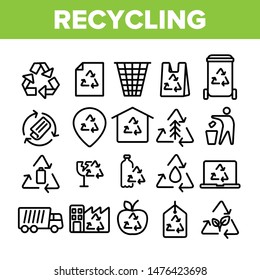 Collection Recycling Thin Line Icons Set Vector. Recycling Sign On Location GPS Mark And File, Waste Basket And Laptop Monitor Linear Pictograms. Dumptruck Monochrome Contour Illustrations