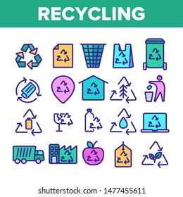 Collection Recycling Thin Line Icons Set Vector. Recycling Sign On Location GPS Mark And File, Waste Basket And Laptop Monitor Linear Pictograms. Dumptruck Monochrome Contour Illustrations