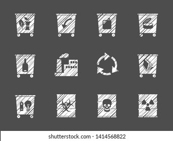 Collection and recycling of waste flat icons, unicolor, white, shading with pencil, vector. Garbage collection, different types of waste. White icons on grey background. Imitation of pencil hatching. 