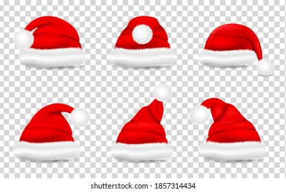 Collection of red 3d realistic santa hat. Santa Claus holiday cap for Christmas illustration. Christmas red hats  isolated on transparent background. Vector illustration