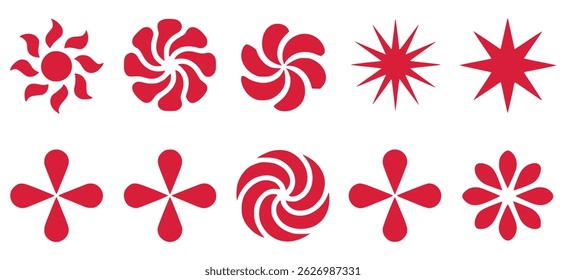 Collection of red abstract decorative floral and star elements isolated on white background