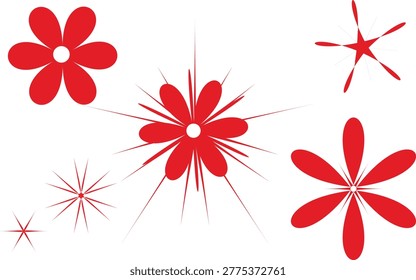 A collection of red abstract shapes. It includes three flower-like designs, two star-like patterns, and two spiky, firework-like shapes, all in a uniform red color.