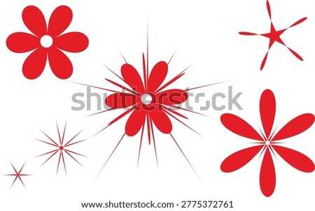 A collection of red abstract shapes. It includes three flower-like designs, two star-like patterns, and two spiky, firework-like shapes, all in a uniform red color.