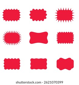 Collection of red abstract shapes with mixed edges—spiky, rounded, and warped—used for creative labels, price tags, icons, or design templates in vector format.

