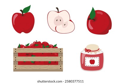 Collection of red apple items fruit slice glass jam bottle