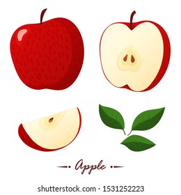 Collection Red apples. Half and slice apple. Vector illustration. Cartoon style.