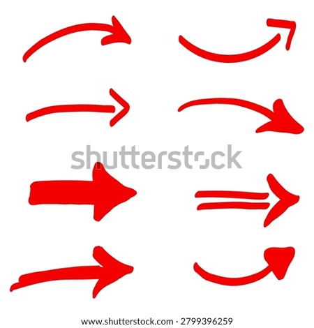 Collection of red arrow graphics with curved and straight shapes arranged across a white background.