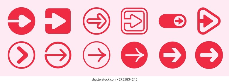Collection of red arrow icons in various styles. Red arrows in circles, squares, and standalone. Diverse red arrow designs for navigation and direction. Arrow icon vector set.