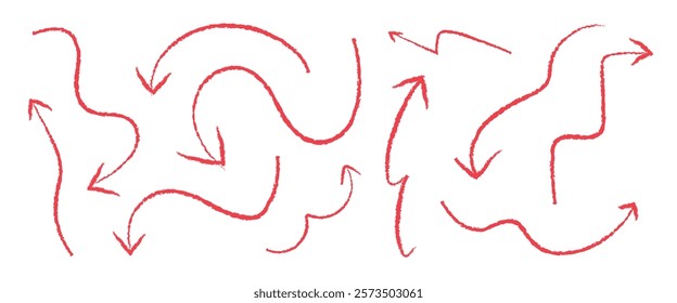 A collection of red arrows in various directions. Red arrows are curved, zigzag, and straight. These red arrows indicate movement and direction. Doodle element vector set.