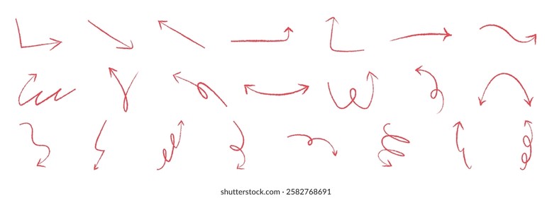 Collection of red arrows in various directions. Red arrows pointing up, down, left, right. Curved red arrows, straight arrows, zigzagarrows. Doodle element vector set. - Powered by Shutterstock - Get 15% off with code: PIKWIZARD15