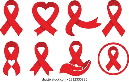 Collection of red awareness ribbon vector icons for World AIDS Day, HIV and AIDS awareness campaigns, healthcare support, charity events, medical organizations, public health education, fundraising, nonprofit activities, and awareness promotions. Editable flat vector illustration isolated on white background.
