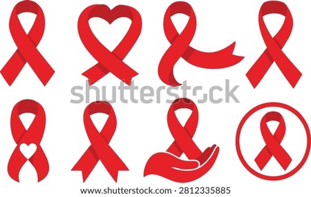 Collection of red awareness ribbon vector icons for World AIDS Day, HIV and AIDS awareness campaigns, healthcare support, charity events, medical organizations, public health education, fundraising, nonprofit activities, and awareness promotions. Editable flat vector illustration isolated on white background.