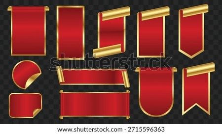 A collection of red banners and labels with gold trim, presented on a transparent background. Various shapes and styles are shown, including rolled edges and pointed ends.