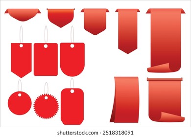 A collection of red banners and tags in various shapes, including circles, rectangles, , isolated on a white background.