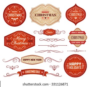 Collection of red and beige christmas vector labels and ornaments.