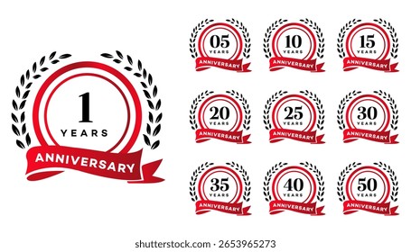 Coleção de logotipos de aniversário vermelhos e pretos com coroas de louro, faixas de fita e anos 1, 5, 10, 15, 20, 25, 30, 35, 40 e 50.