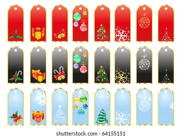 A collection of red, black and blue Christmas stickers