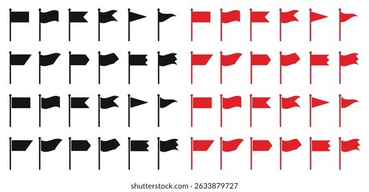 Collection of red and black flag icons in different style. Vector flag silhouettes on poles, perfect for marking locations, navigation symbols, sports victory signs, and design elements.