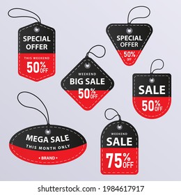 Collection of red black flat paper price tags or gift tags in ellipse triangle square and different abstract shapes