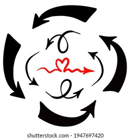 collection of red and black hand drawn arrow sign elements. Illustration drawn with crayon and colored pencil brushes