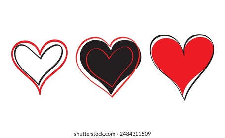 Collection of red and black heart icns,Hand drawn hearts symbol.Vector icon set illustration design.