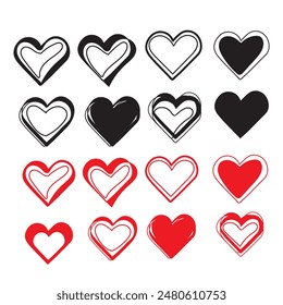 Colección de corazones rojos y negros, corazones dibujados a mano. Conjunto de iconos de símbolos de Vector. Diseño de ilustración de amor negro y rojo.