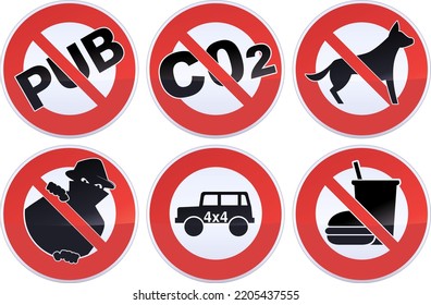Collection Of Red, Black And White Circular Sign Prohibiting Burglaries, C02 Emissions, Dogs, 4x4 Cars, Junk Food And Advertising (Pub In French)