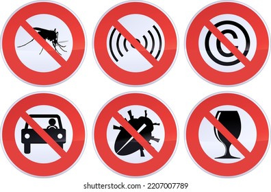 Collection of red, black and white circular prohibition signs indicating prohibition of electromagnetic wave, insects, copyrights, mosquitoes and wine (metal reflection)