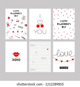 Collection of red, black, white colored Valentine's day card templates with cute love themed graphics & quotes.Typography poster, card, label, invitation design set. Vector doodle illustration.